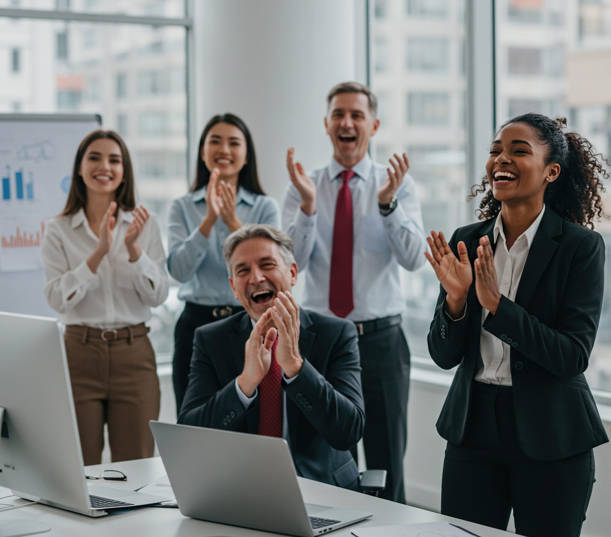 A diverse group of professionals in a bright office setting enthusiastically applauds, showcasing a moment of shared success and positive team spirit.